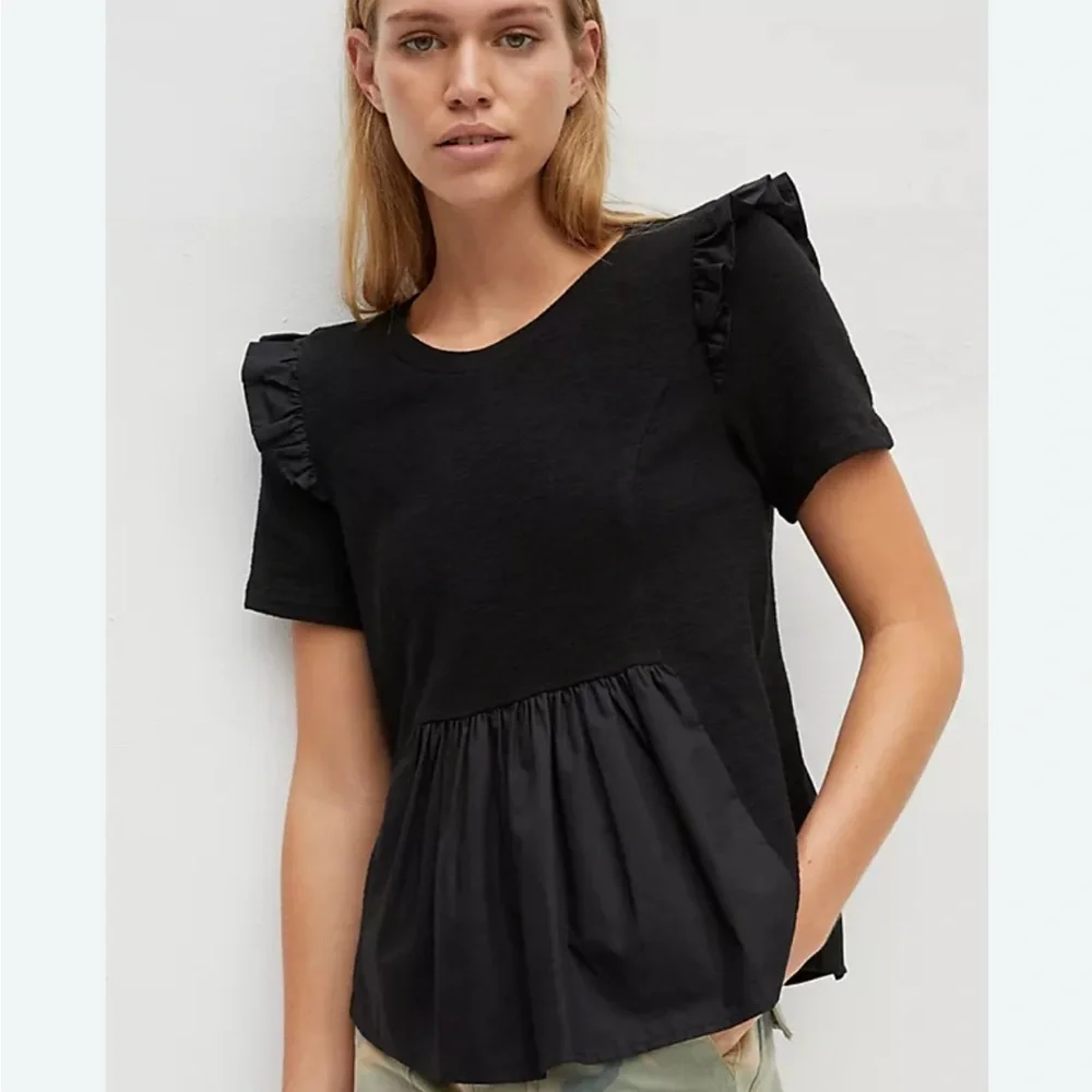 Anthropologie Maeve Black Ruffle Sleeve Women Tee - Picture 1 of 4